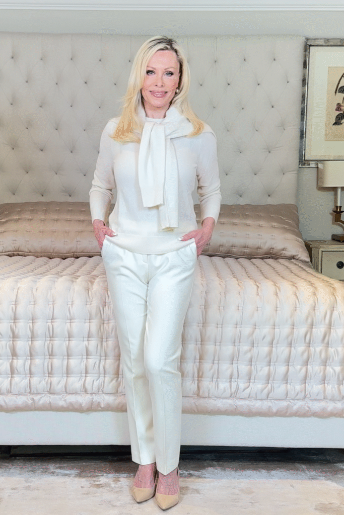 Over 60 fashion & beauty influencer wearing items  from Quince that embody Affordable Fall Fashion Over 55